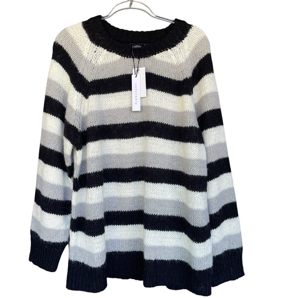 Sanctuary‎ Womens Sweater XXL Black White Striped Eyelash Pullover Mohair